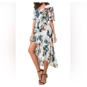 Kormei Womens Short Sleeve Floral boho V-Neck Flowy Maxi Dress L A005090